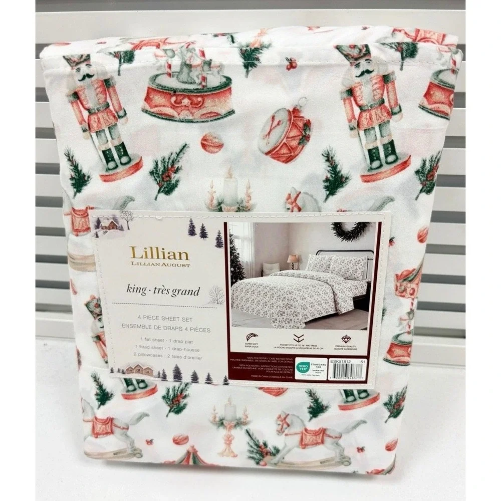 Lillian August King Sheet Set 4pc Nutcracker Rocking Horse Holiday White Red New